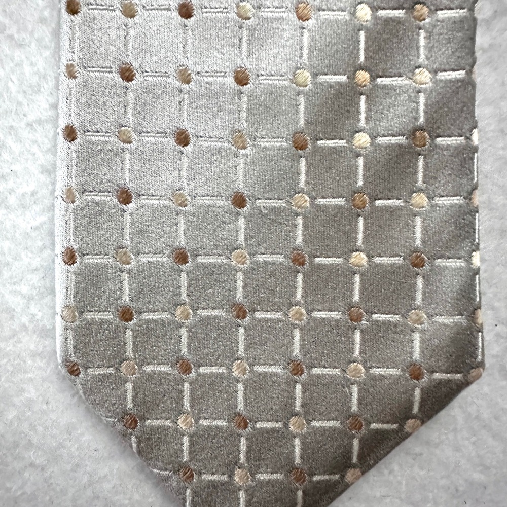 Hugo Boss 3.5" Silk Tie Silver Gold Geometric Grid Dot Pattern Made in Italy
